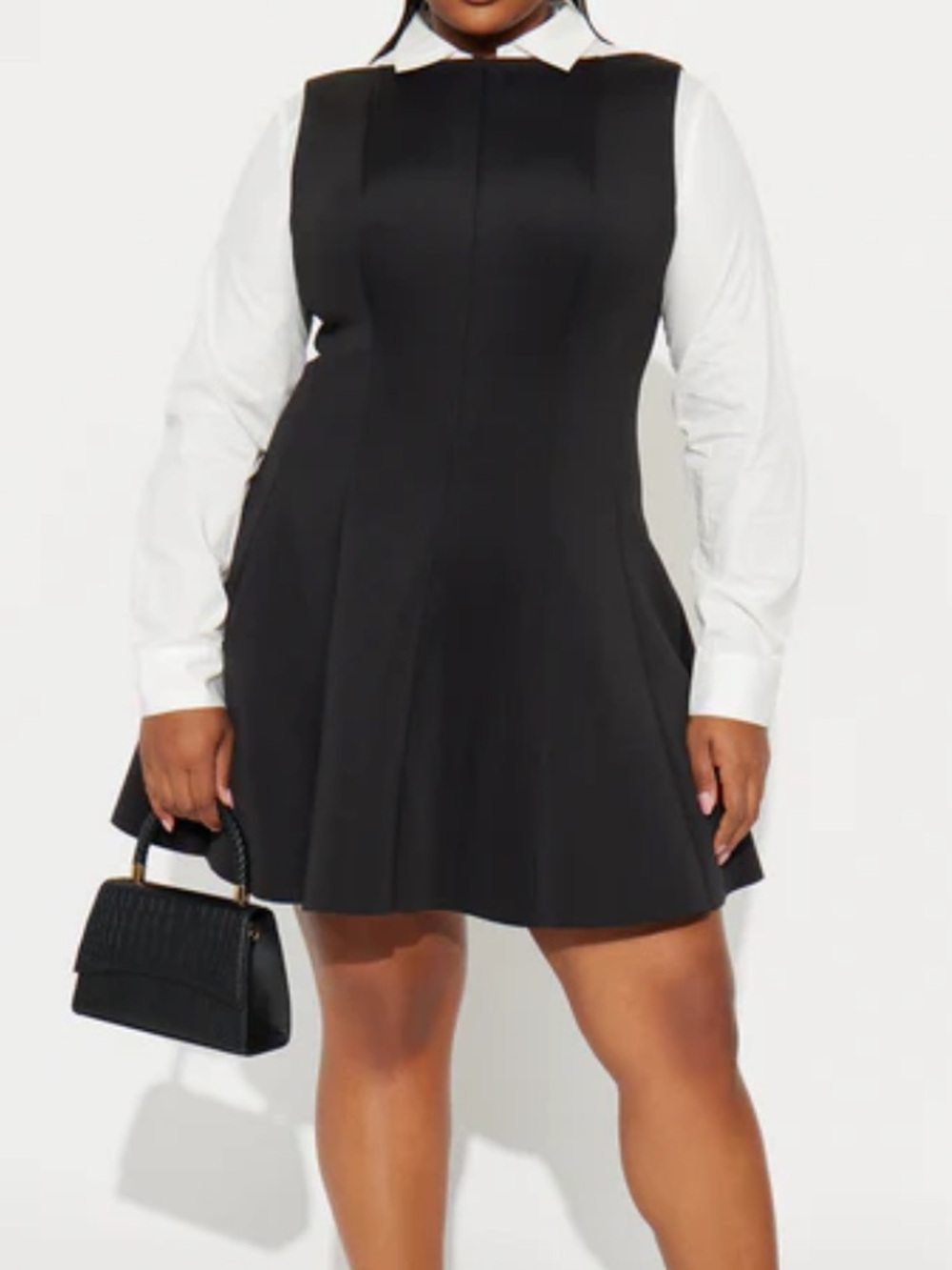 Black Sleeveless Fit-and-Flare Dress with White Collar Detail